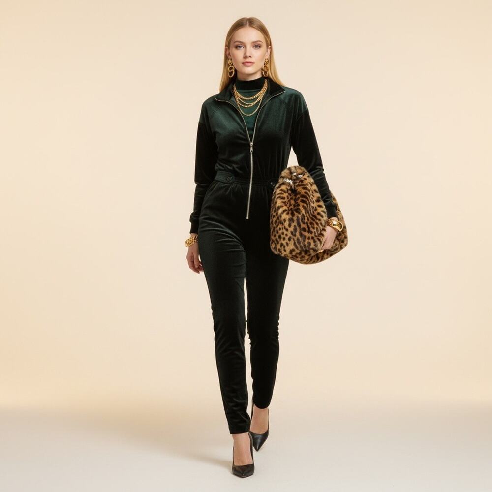 Vintage Piccalino Petites Velvet Jumpsuit 4P Black Green 80s 90s Wide Leg